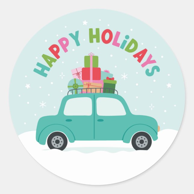 Sticker Rond Happy Holidays Car with Gifts in Aqua Blue (Devant)