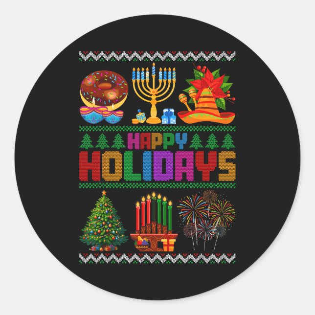 Sticker Rond Happy Holidays Christmas Hanukkah Kwanzaa Happy Ne (Devant)
