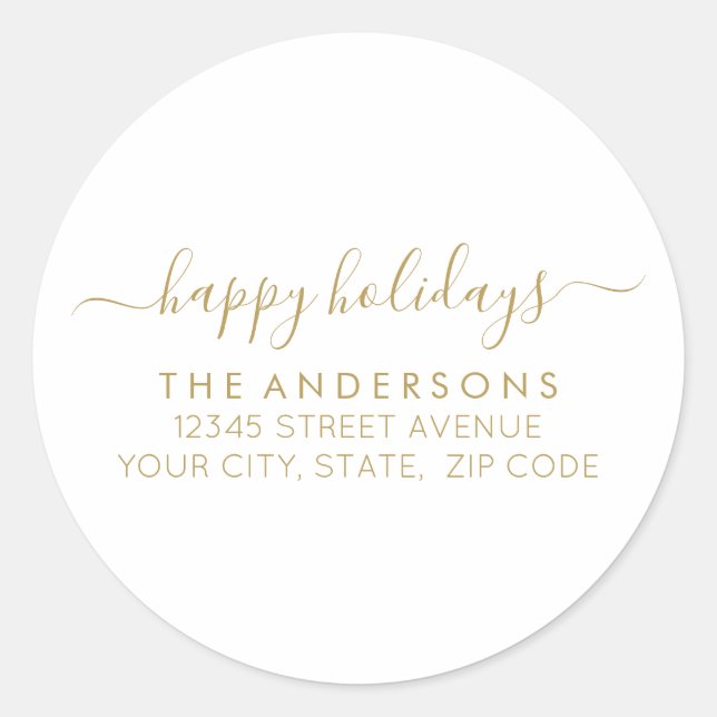 Sticker Rond Happy Holidays Gold Script Calligraphy Adresse (Devant)