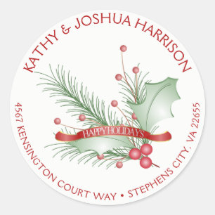 Sticker Rond Happy Holidays Holly Berries Pine Round Address