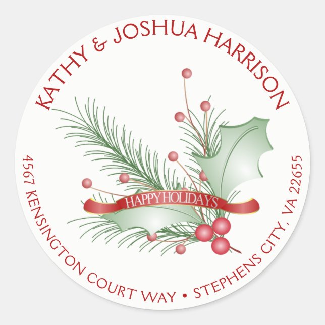 Sticker Rond Happy Holidays Holly Berries Pine Round Address | (Devant)