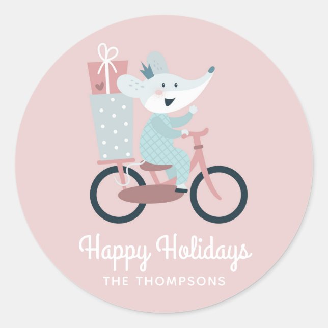 Sticker Rond Happy Holidays Mouse équitation vélo Personnalisé (Devant)