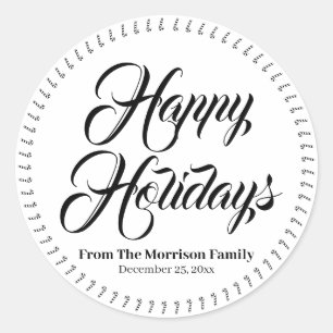Sticker Rond Happy Holidays noir blanc nom personnalisé sucre d