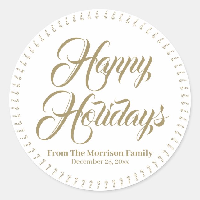 Sticker Rond Happy Holidays nom personnalisé sucre de canne cad (Devant)