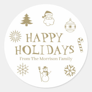 Sticker Rond Happy Holidays or blanc personnalisé nom cadeau fa