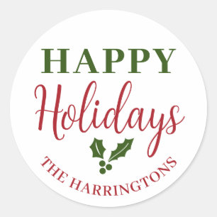 Sticker Rond Happy Holidays Personnaliser le nom de famille
