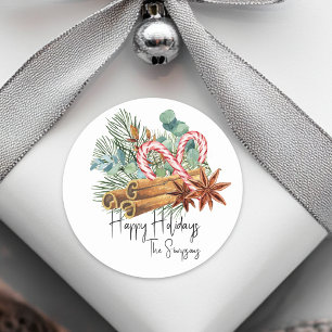 Sticker Rond Happy Holidays Pine Sucre de canne Bouquet