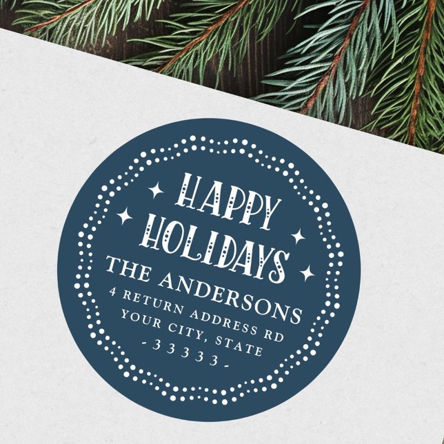 Sticker Rond Happy Holidays police festive point frontière bleu (Happy Holidays festive font dot border dark blue Classic Round Sticker)