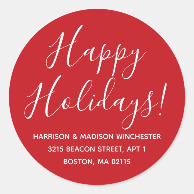 Sticker Rond Happy Holidays rouge blanc script adresse de retou (Devant)