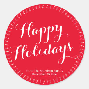 Sticker Rond Happy Holidays script rouge personnalisé nom de f
