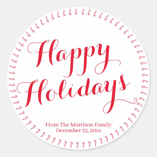 Sticker Rond Happy Holidays script rouge personnalisé nom de fa (Devant)
