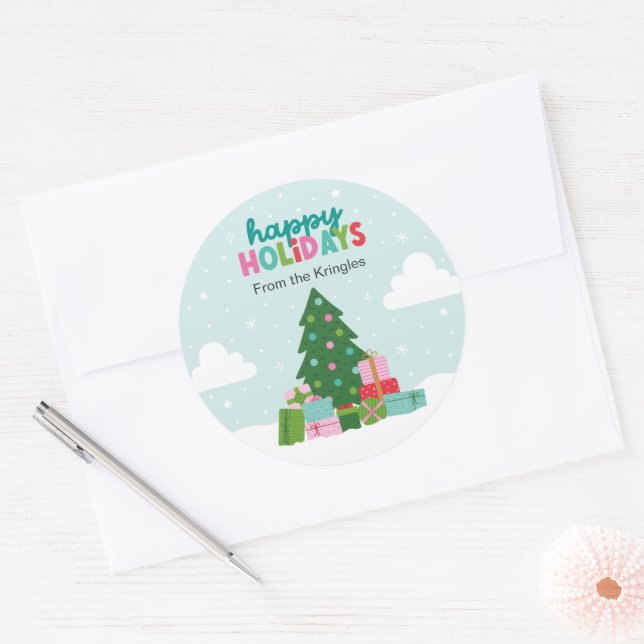 Sticker Rond Happy Holidays Tree with Gifts in Aqua Blue (Enveloppe)