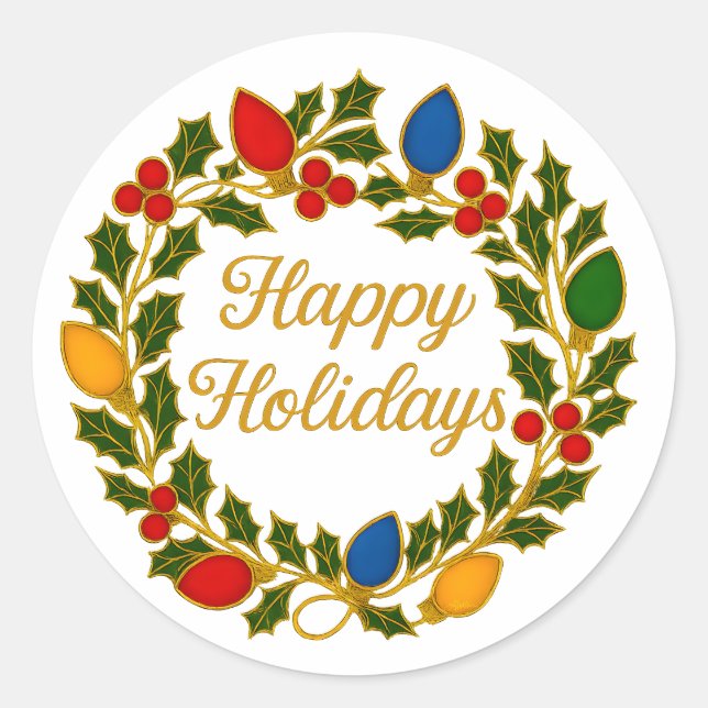 Sticker Rond Happy Holidays Wreath Christmas Lights and Holly (Devant)