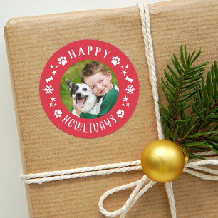 Sticker Rond Happy Howlidays Red Pet Dog Photo
