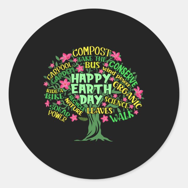 Sticker Rond Happy Jour des terres Tree Dessin Illustration Wor (Devant)