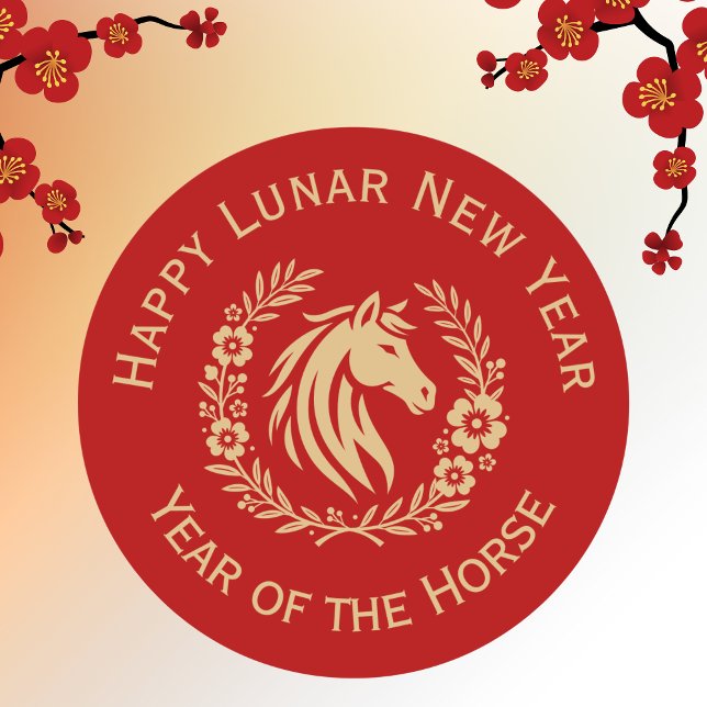 Sticker Rond Happy Lunar New Year of the Horse Wreath Flowers (Créateur téléchargé)