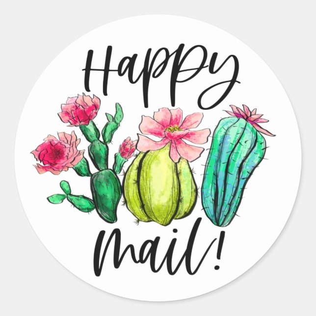 Sticker Rond Happy Mail Bright Cactus Plantes succulents (Devant)