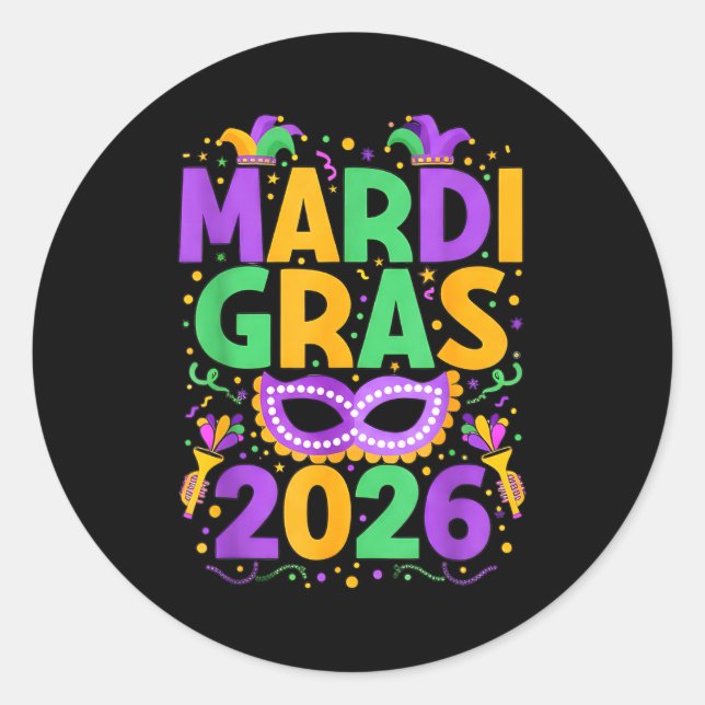 Sticker Rond Happy Mardi Gras 2026 Costume New Orleans Matching (Devant)
