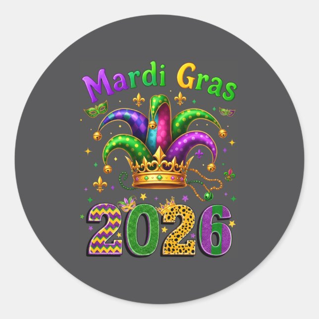Sticker Rond Happy Mardi Gras 2026 Jester Hat Men Women Kid Car (Devant)