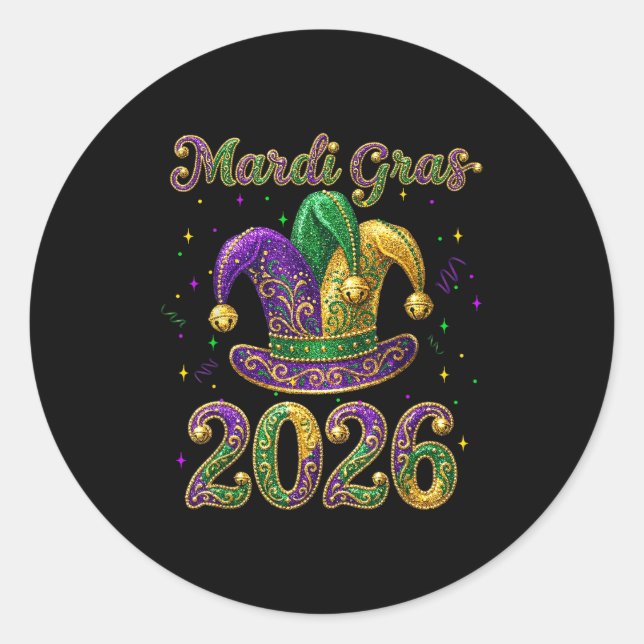 Sticker Rond Happy Mardi Gras 2026 Jester Hat New Orleans Men W (Devant)