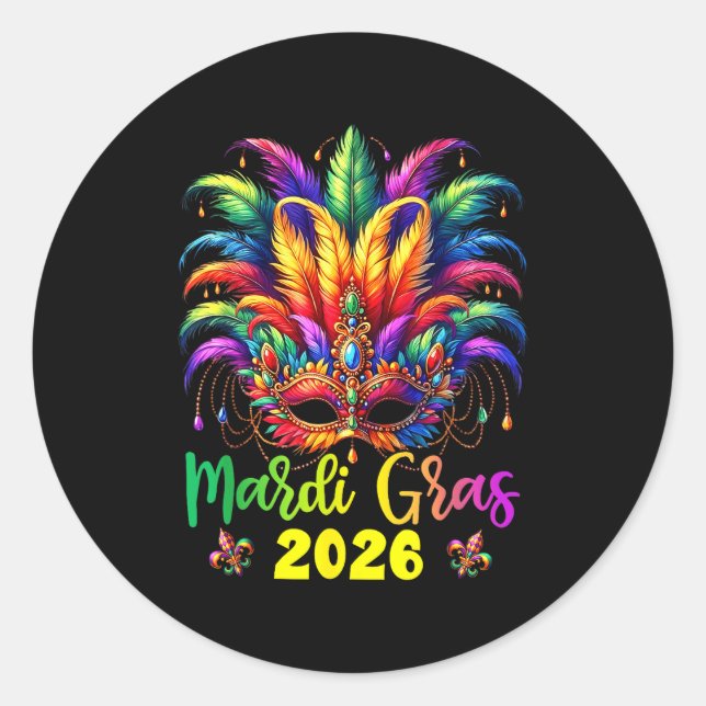 Sticker Rond Happy Mardi Gras 2026 Jester Hat New Orleans Men W (Devant)