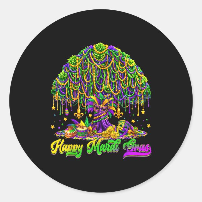 Sticker Rond Happy Mardi Gras Tree Beads Mask Carnival New Orle (Devant)