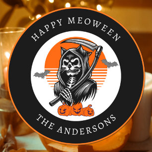 Sticker Rond Happy Meoween Éffrayant Grim Reaper Chat Halloween
