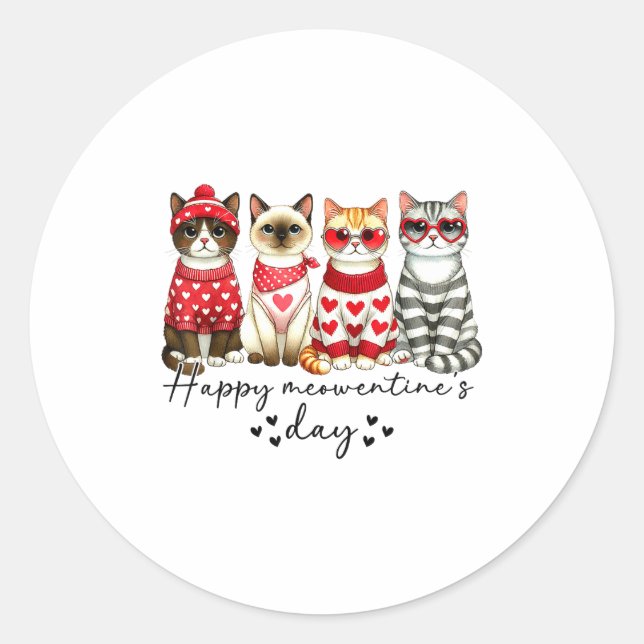 Sticker Rond Happy Meowentine's Day Cute Valentines Funny Cat S (Devant)