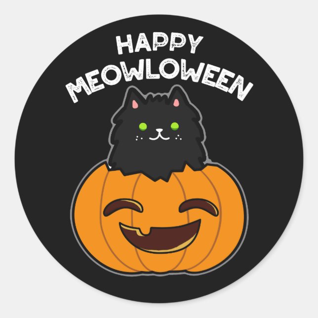 Sticker Rond Happy Meowloween Funny Halloween Pun Dark BG (Devant)