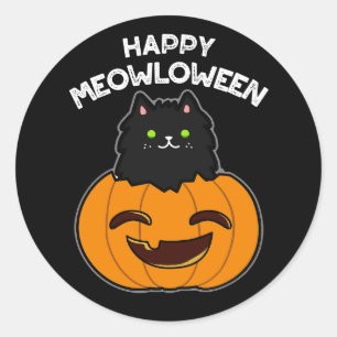 Sticker Rond Happy Meowloween Funny Halloween Pun Dark BG