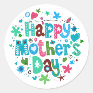 Sticker Rond Happy Mother’s Day Blue Floral Stylish Lettering