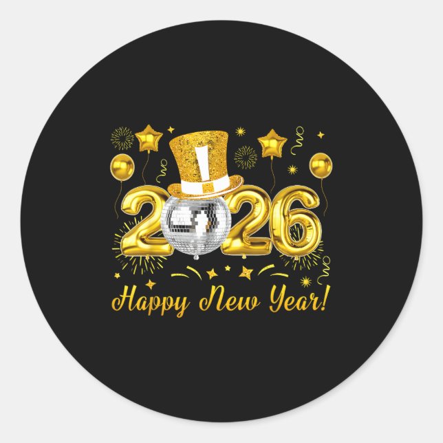Sticker Rond Happy New Year 2026 Countdown Party Balloons Firew (Devant)