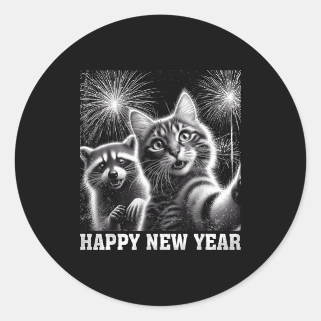 Sticker Rond Happy New Year 2026 Cute Cat Raccoon Celebration  (Devant)