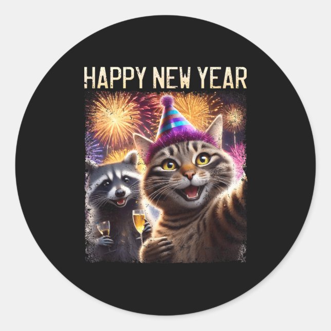 Sticker Rond Happy New Year 2026 Cute Cat Raccoon Celebration  (Devant)