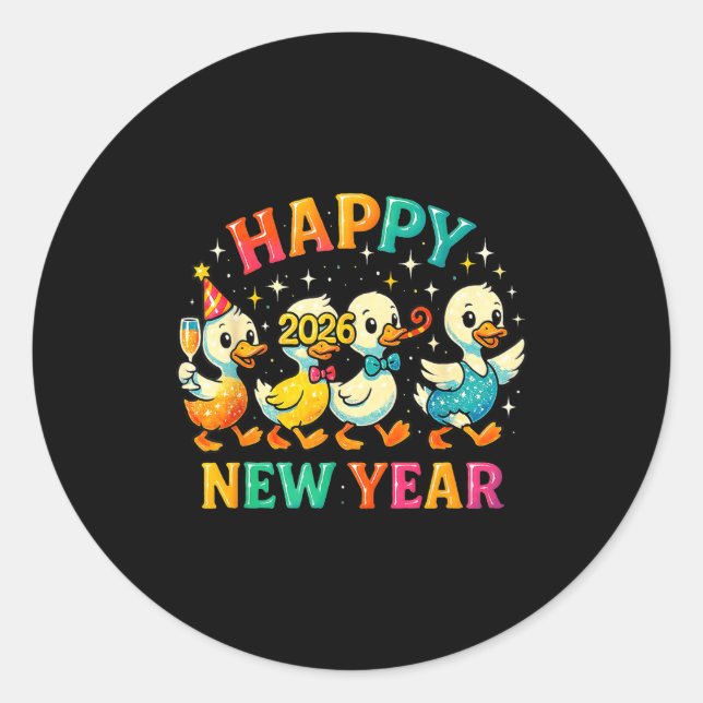 Sticker Rond Happy New Year 2026 Cute Duck Party Gift  (Devant)