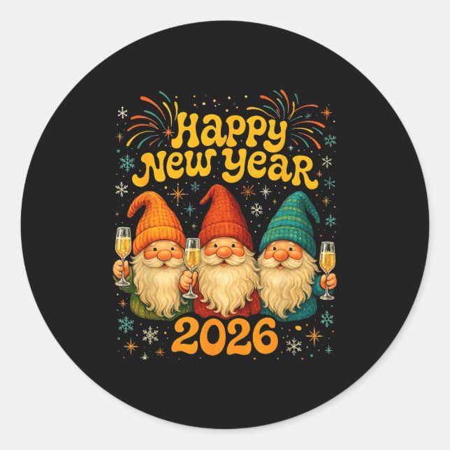 Sticker Rond Happy New Year 2026 Cute Gnome Party Gift  (Devant)