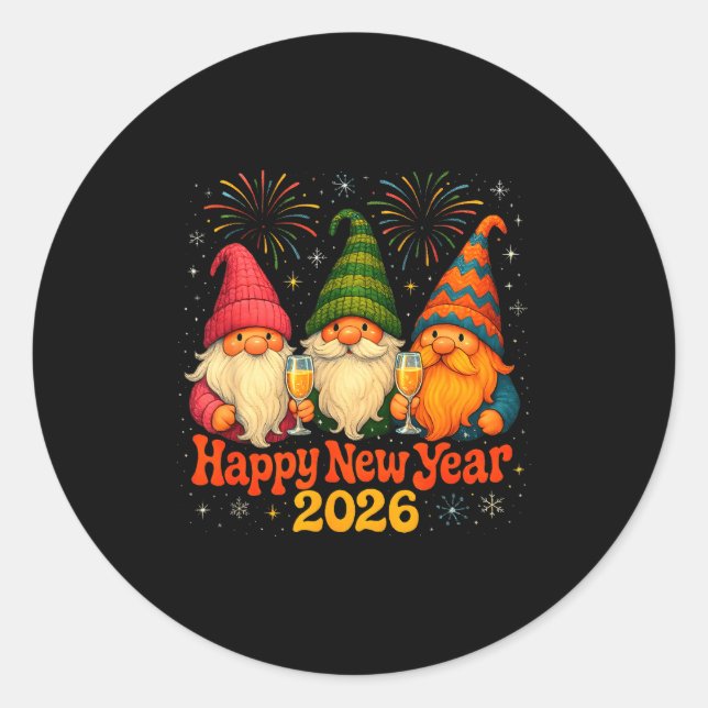 Sticker Rond Happy New Year 2026 Cute Gnome Party Gift  (Devant)