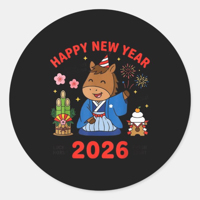 Sticker Rond Happy New Year 2026 Cute Horse Japanese Celebratio (Devant)