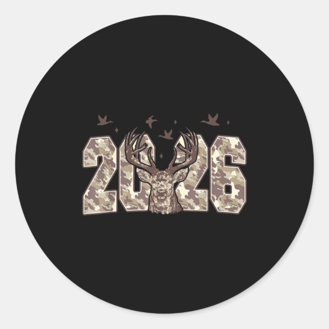 Sticker Rond Happy New Year 2026 Deer Buck Hunting Camo Camoufl (Devant)