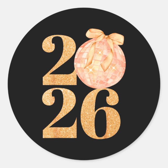 Sticker Rond Happy New Year 2026 Disco Ball Coquette Bow New Ye (Devant)