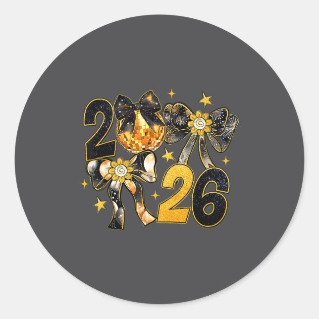 Sticker Rond Happy New Year 2026 Disco Ball Coquette Bow New Ye (Devant)