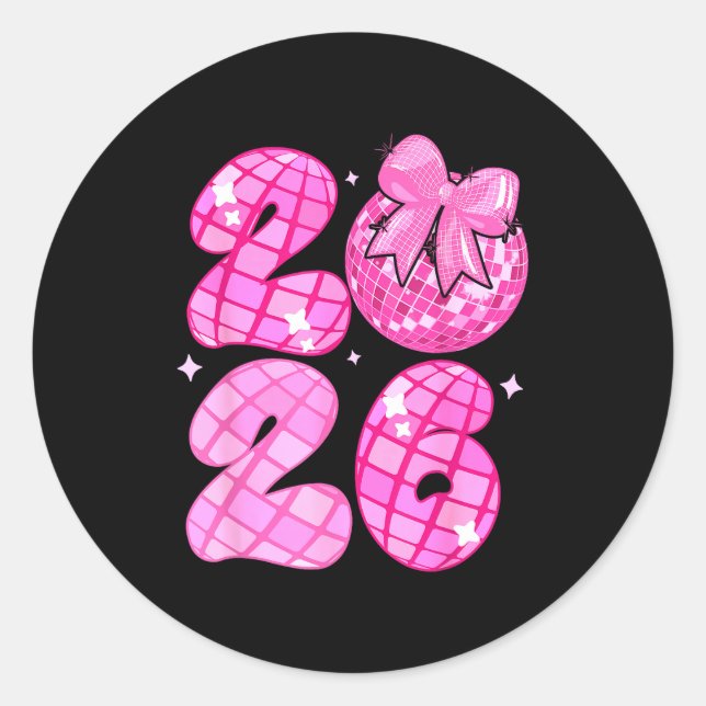Sticker Rond Happy New Year 2026 Disco Ball Nk Coquette Bow Fam (Devant)