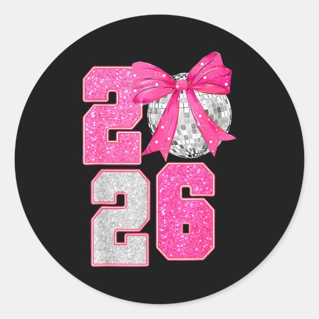 Sticker Rond Happy New Year 2026 Disco Ball Nk Coquette Bow Fam (Devant)