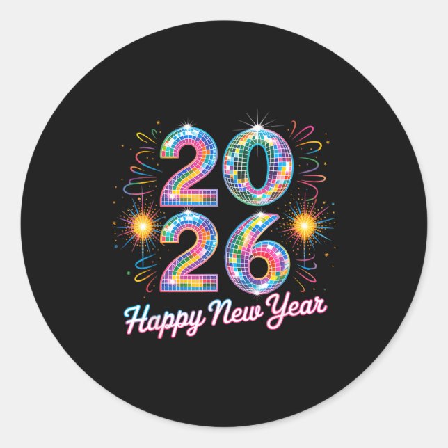 Sticker Rond Happy New Year 2026 Disco Ball Retro Family Matchi (Devant)
