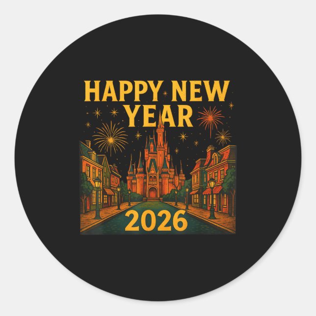 Sticker Rond Happy New Year 2026 Fantasy Castle Fireworks Night (Devant)