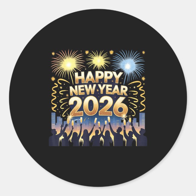 Sticker Rond Happy New Year 2026 Fireworks Party Celebration  (Devant)