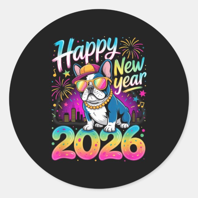 Sticker Rond Happy New Year 2026 French Bulldog Fireworks Party (Devant)