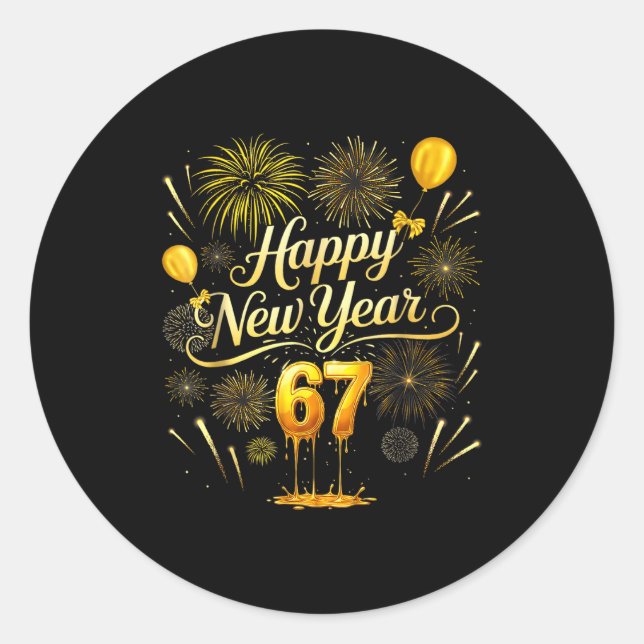 Sticker Rond Happy New Year 2026 Funny 67 Six Seven Meme Gen Al (Devant)