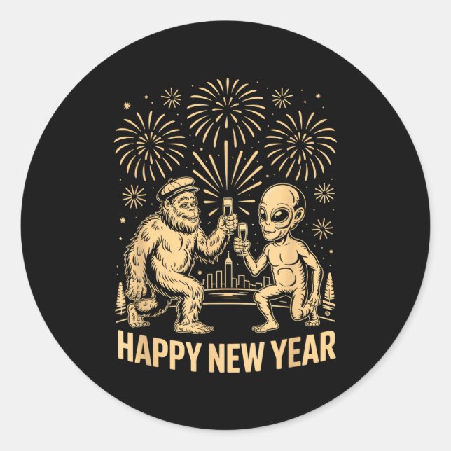 Sticker Rond Happy New Year 2026 Funny Bigfoot And Alien Lovers (Devant)