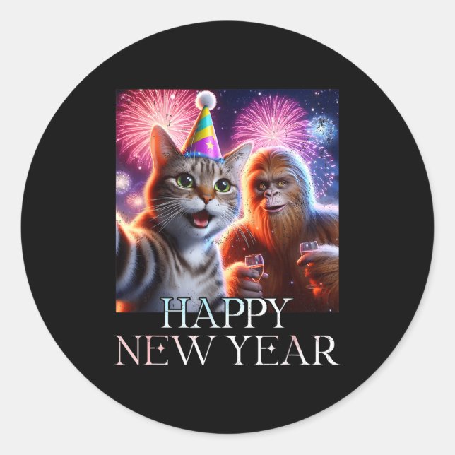 Sticker Rond Happy New Year 2026 Funny Cat Bigfoot Party Art  (Devant)